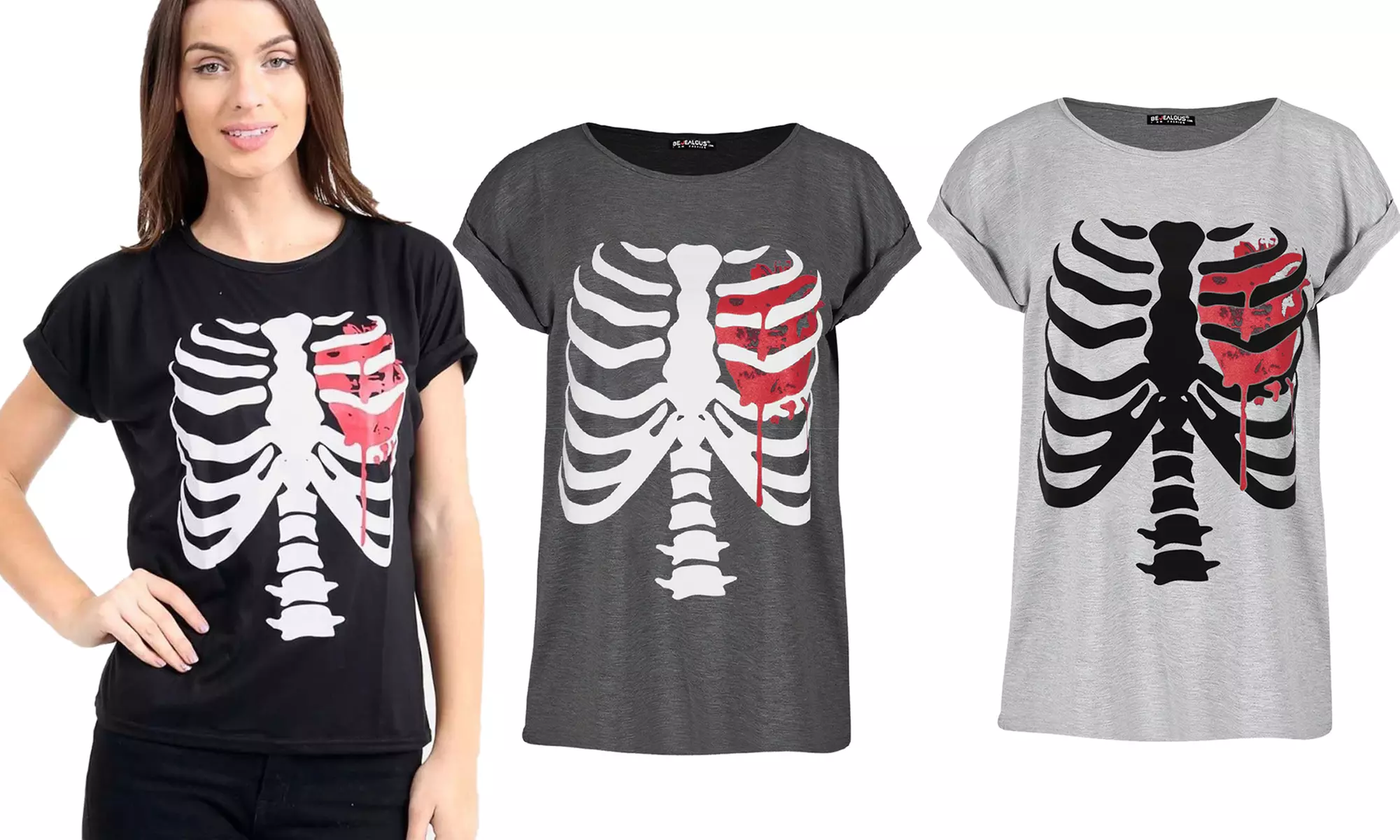 T-Shirt da donna con fantasia scheletro, disponibile in 3 colori e 5 taglie - Primary Image