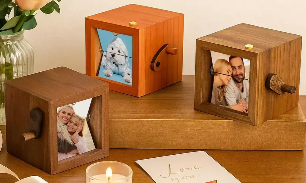 1 oder 2 personalisierbare Handkurbel-Fotorahmen aus Holz