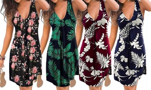 Deep V-Neck Floral Print Dress