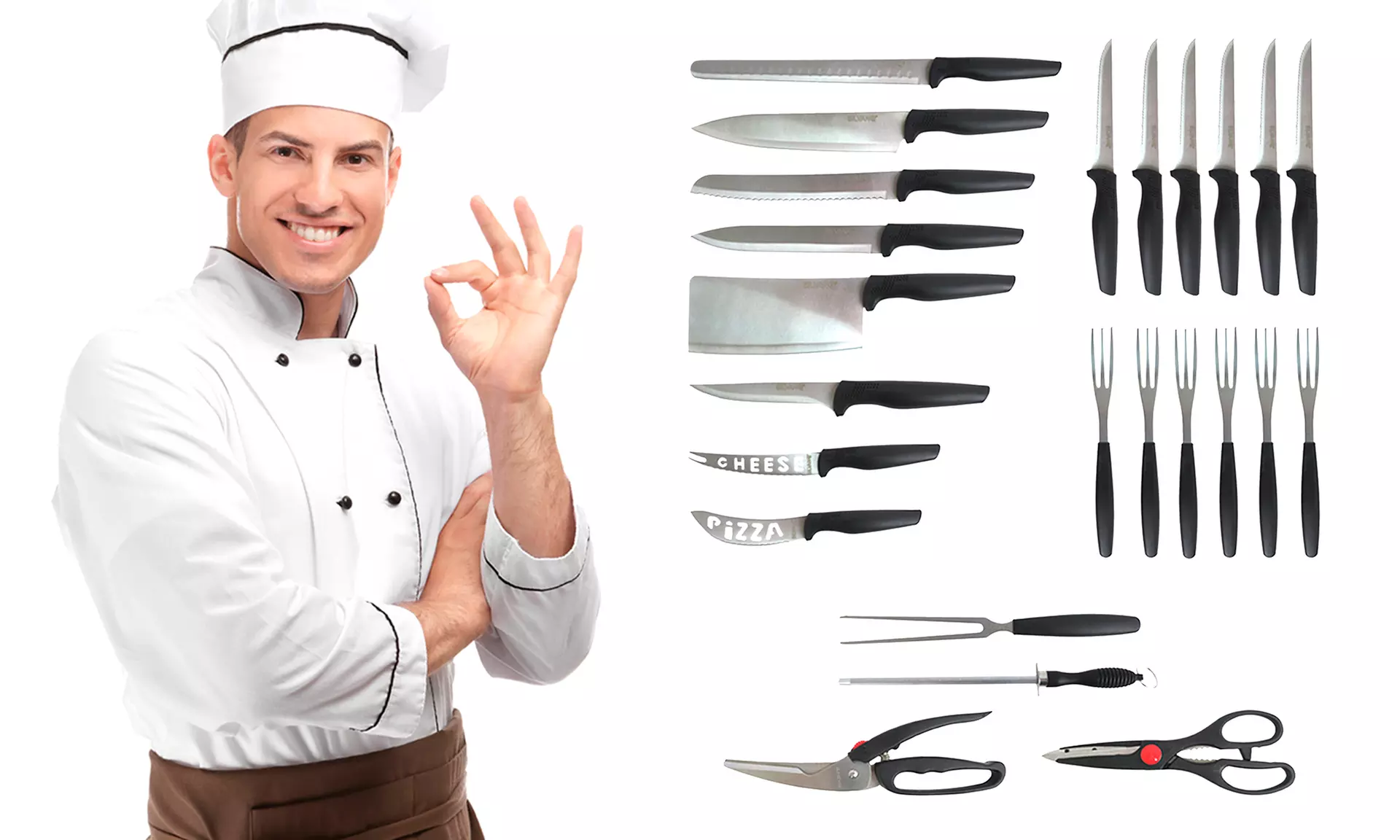 Set de couteaux, fourchettes, fusil à aiguiser et paires de ciseaux de Silvano ; 6 utilisations différentes - Primary Image