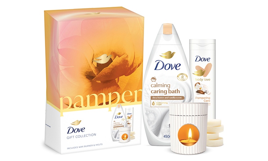 Image 2: Dove Pamper Body Wash and Lotion Gift Set with Wax Burner and Melts