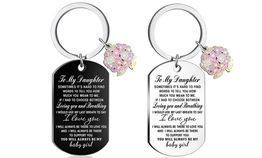 Image 1: One or Two Engraved 'To My Daughter' Keychains with Bouquet Charm