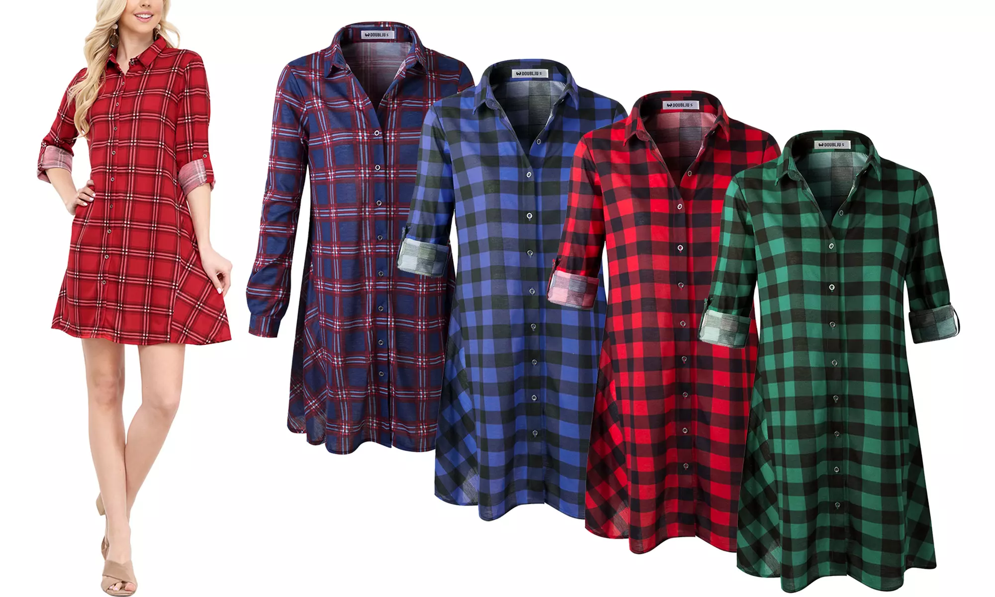 Doublju Women's Handkerchief Hem Plaid Shirt Dress. Plus Sizes Available. - Primary Image