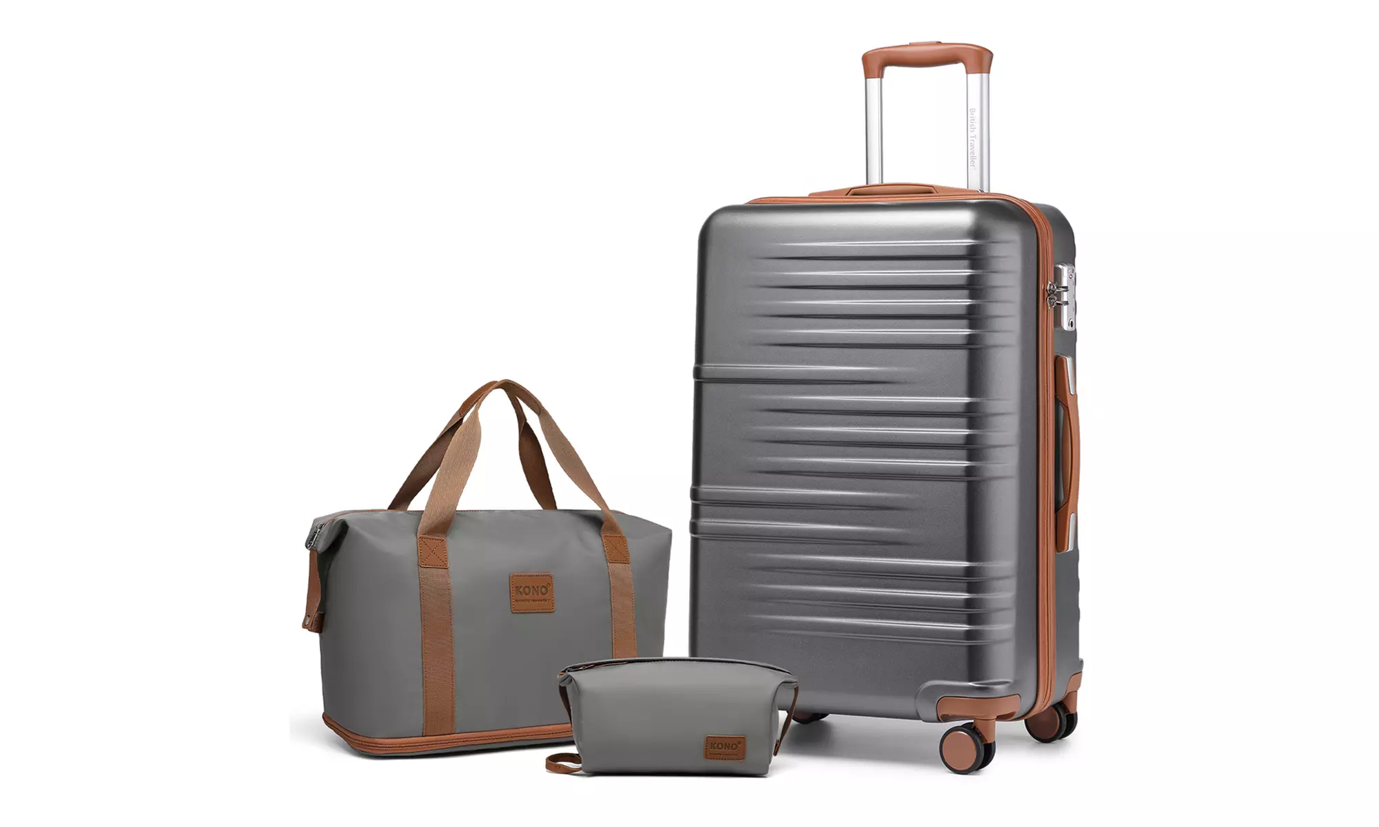 1x oder 3x KONO Hartschalen-Koffer mit Reisetasche und Kulturbeutel in Gra/Braun in der Größe nach Wahl - Second Medium