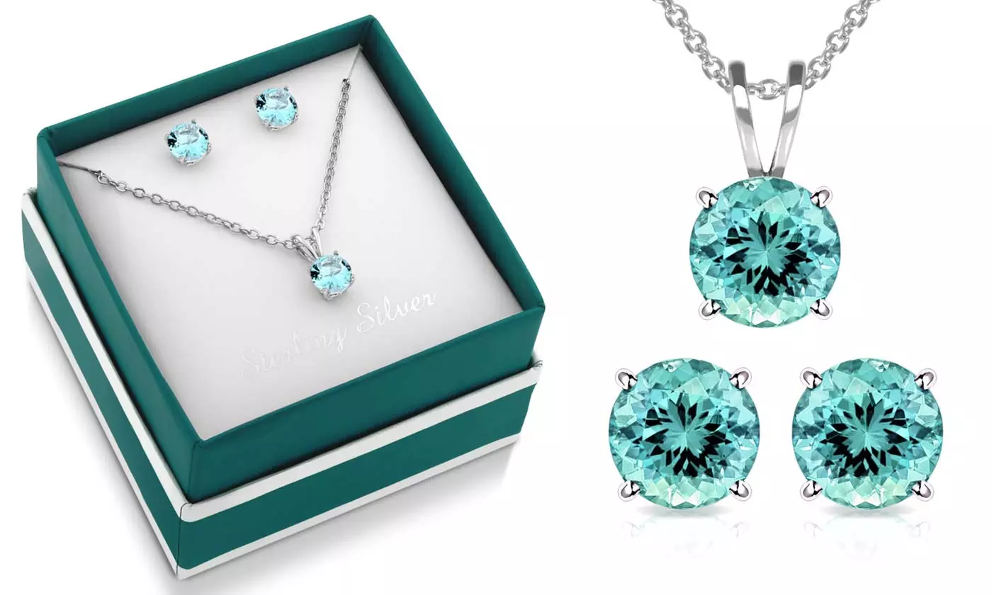 3 CTW Sterling Silver Created Aquamarine Necklace and Earring Set in a Box By MUIBLU Gems - Primary Image