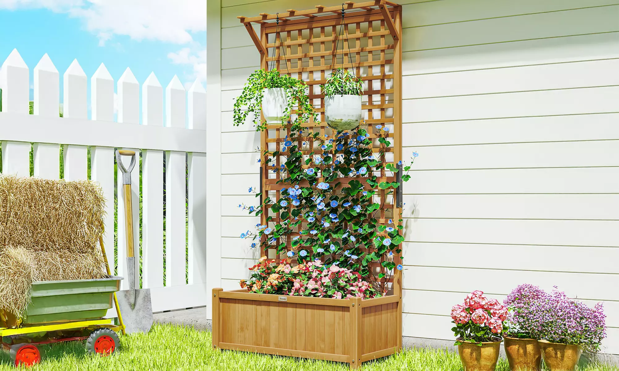 Outsunny Wooden Garden Planter with Trellis and Hanging Roof