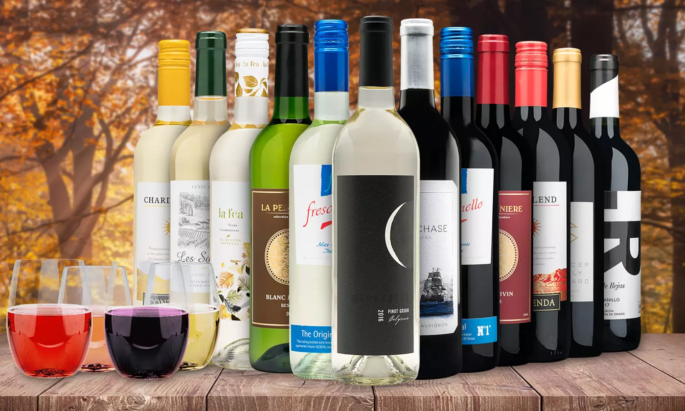 Less than $5 per Bottle – 12 Bottles of Premium Wine, Bonus Bubbly, and 4 Wine Tumblers (Up to 71% Off) - Primary Image