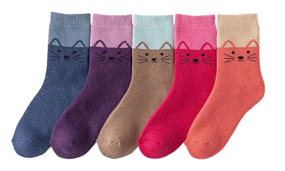 1, 5 oder 10x dicke Socken mit Katzen-Motiv in Einheitsgröße EU 36-41