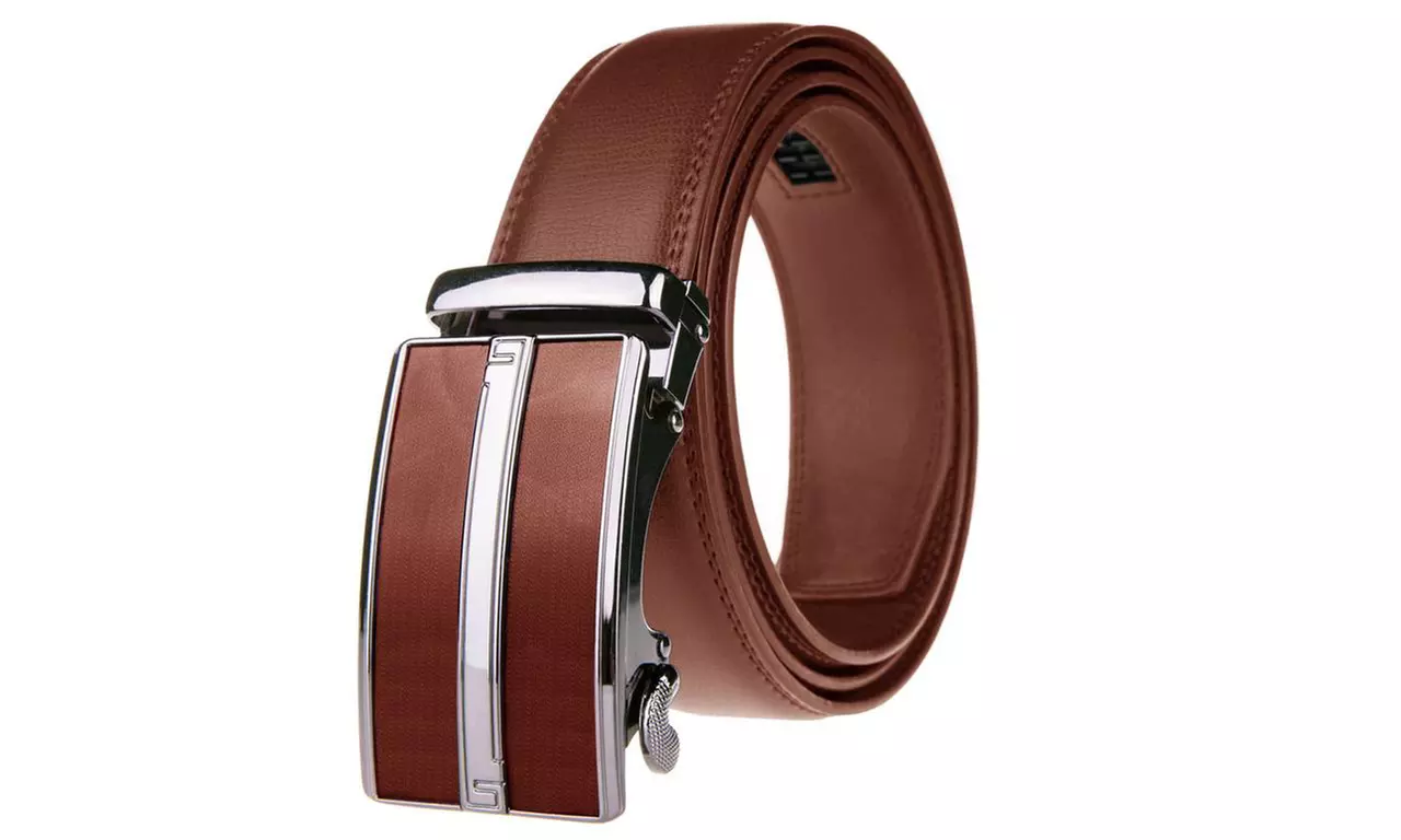 Braveman Men's Leather Automatic Buckle Ratchet Dress Belt with Stripe - Second Medium