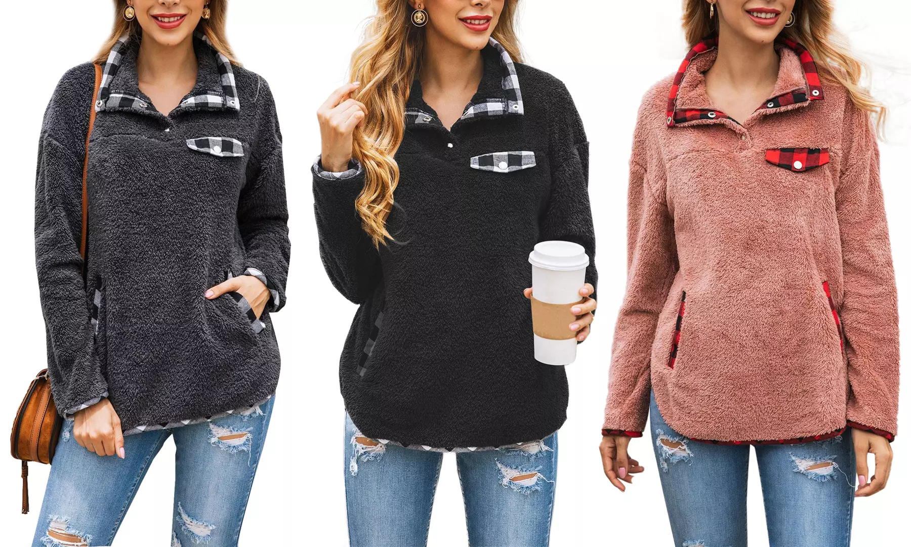 Lilly Posh Women's Plush Fleece Pullover with Buffalo Check Accents - Primary Image