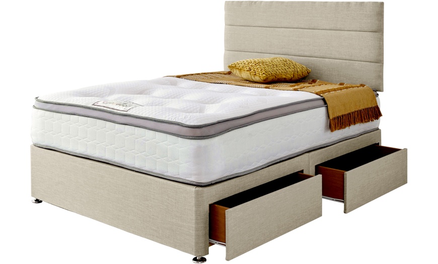 Image 3: Divan Bed with Pillow Top Memory Mattress and 2 Pillows and Optional Drawers