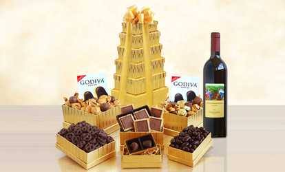 Golden Godiva Chocolate & Wine Gift Tower (6-Pc.). Shipping Included.