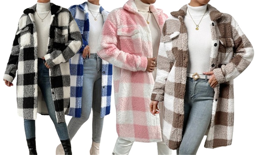 Image 1: Women's Plaid Teddy Long Sleeved Coat 