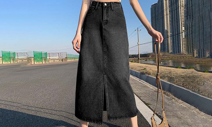 Image 3: High Waist Ankle-Length Denim Skirt