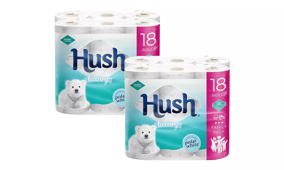 18, 36 or 72 Rolls of Hush Three-Ply White Toilet Tissue Paper
