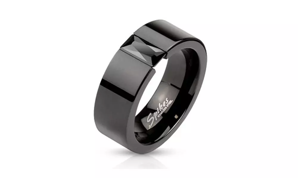 Black Plated 6mm Stainless Steel Black Crystal Ring - Primary Image