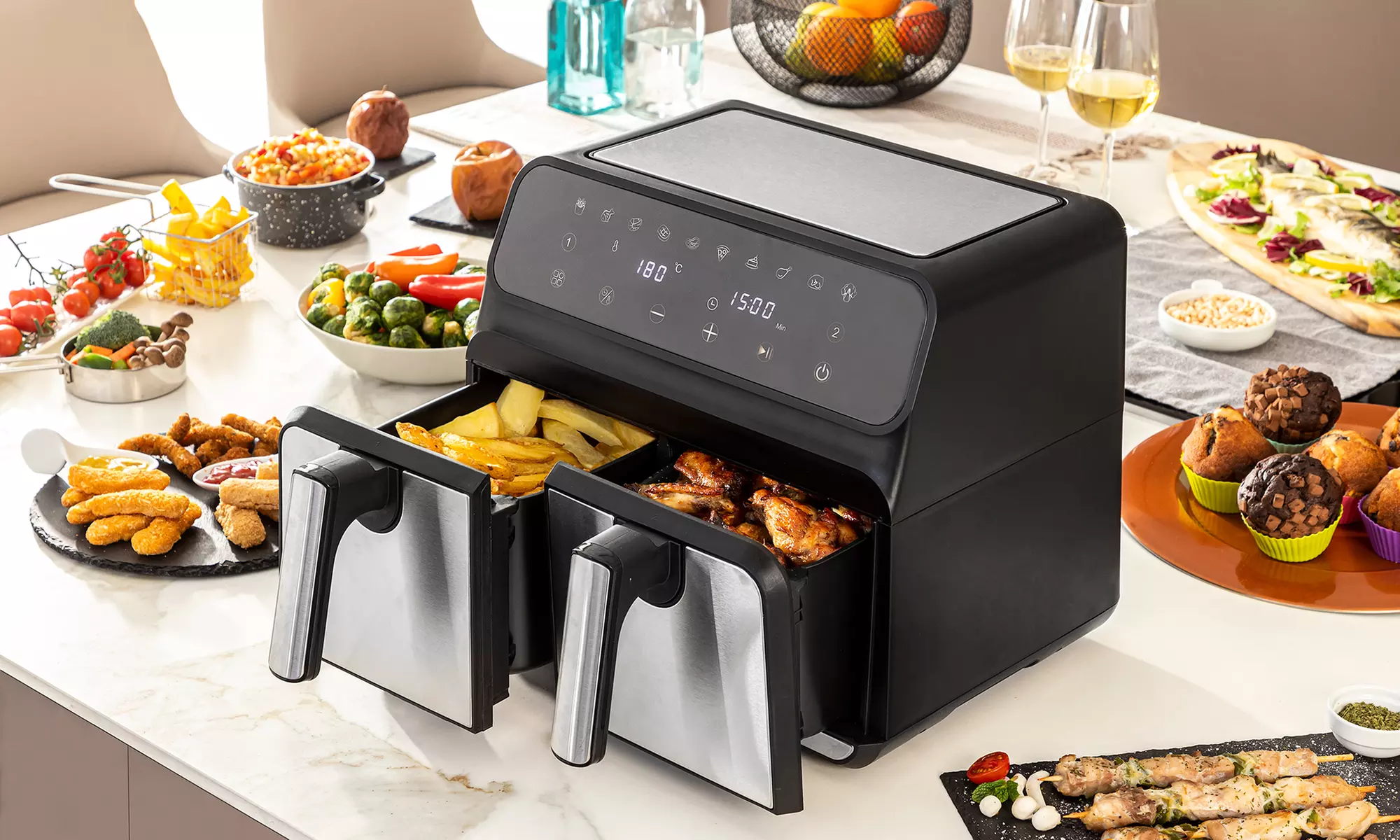 InnovaGoods Heißluftfritteuse „Fryinn Double 8000“ mit 3400 W und 8 L in Silber-Schwarz - Primary Image