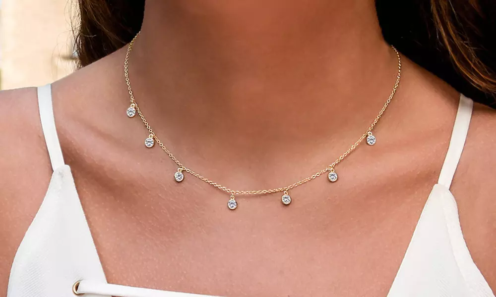 Dainty Crystal Bezel Drop Choker Necklace Made with Swarovski Elements by Elements of Love - Primary Image