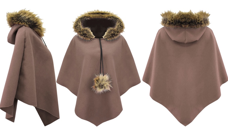 Image 6: Ladies Fur Trim Hooded Cape 