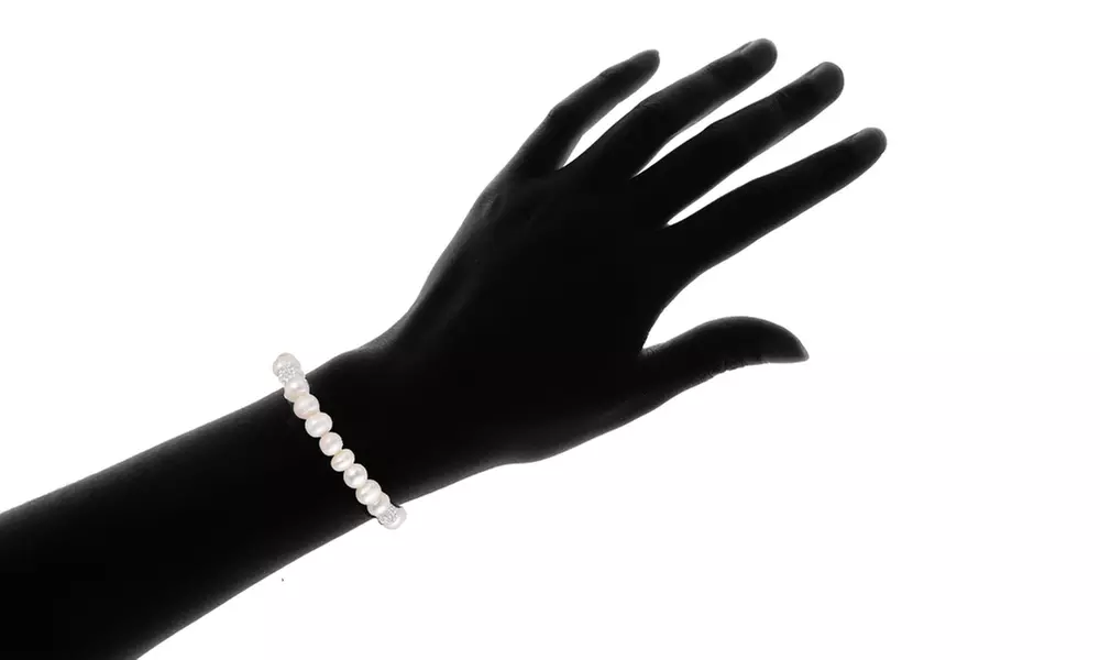 Genuine Freshwater Pearl And Swarovski Crystal Ball Stretch Bracelet by Valencia Gems - Second Medium
