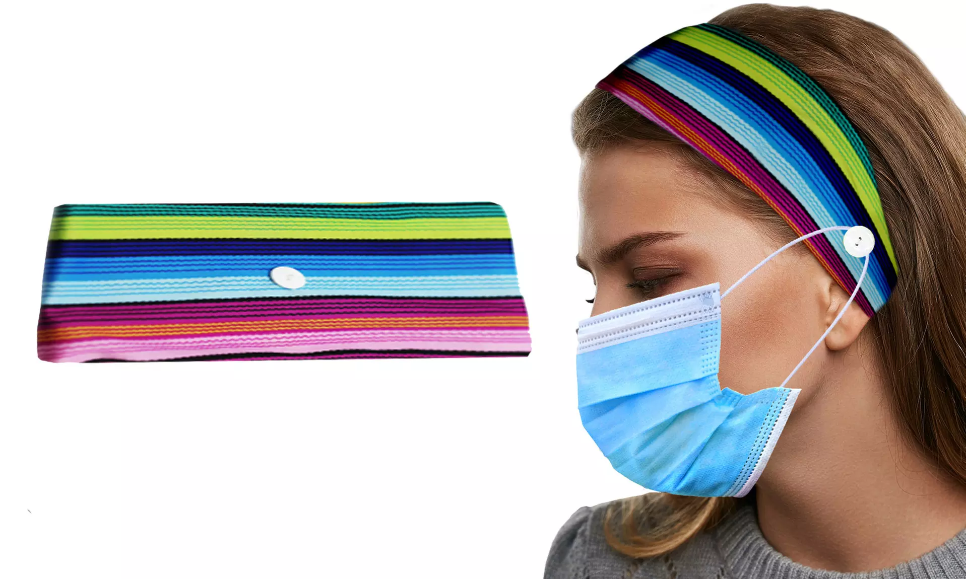 Comfy Stretchy Headband with Buttons for Face Masks & Covers - Second Medium