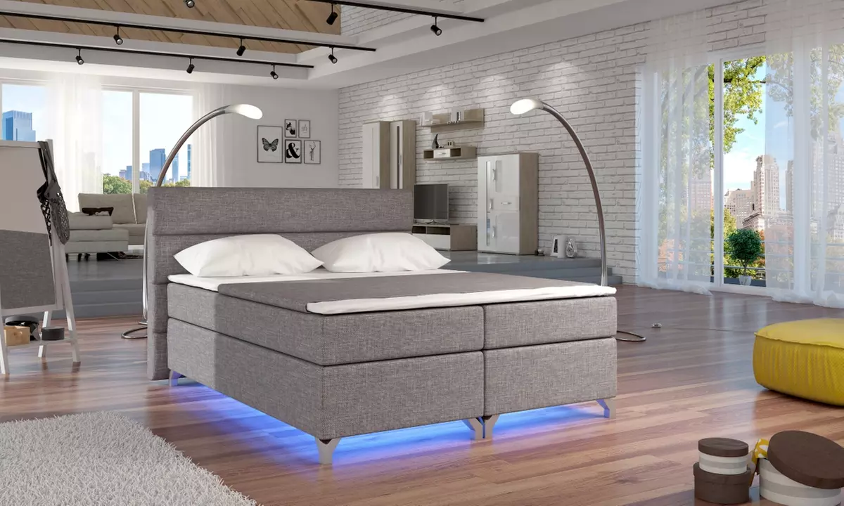 Boxspringbett in Grau mit oder ohne RGB-Beleuchtung, 90 x 200 cm, 160 x 200 cm oder 180 x 200 cm - Primary Image