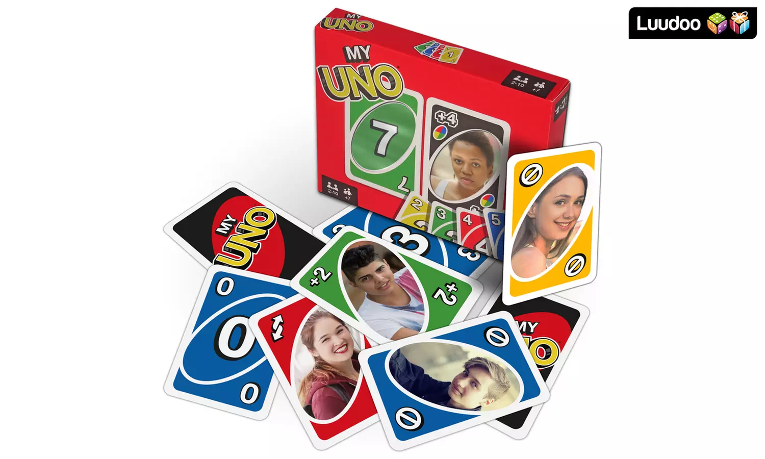 UNO-Kartenspiel mit personalisierbaren Sonderkarten und Verpackung mit Sichtfenster von Luudoo (24% sparen*) - Primary Image