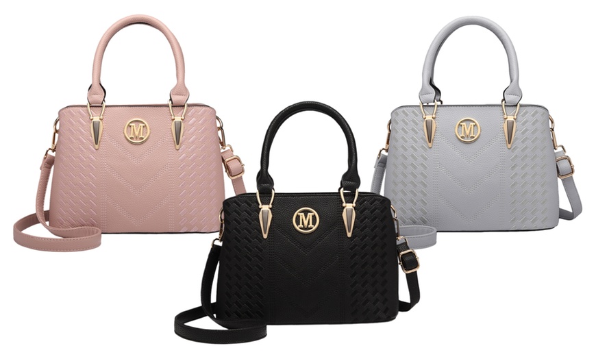 Image 1: Miss Lulu Leather Look Weave Effect Shoulder Bag With Long Stap