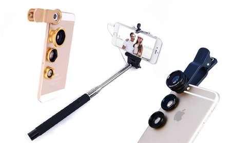 Waloo Wired Selfie Stick and Clip-on Smartphone-Camera-Lens Set