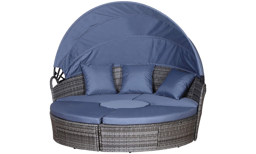 Image 2: Outsunny Rattan-Effect Round Sofa Bed with Retractable Canopy