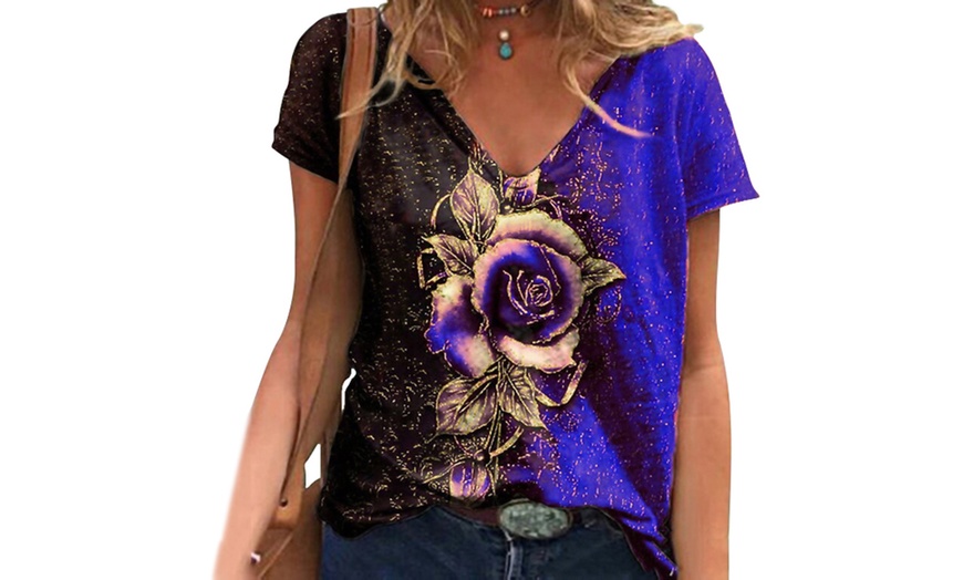 Image 6: Rose Print Two-Colour Short-Sleeved Top