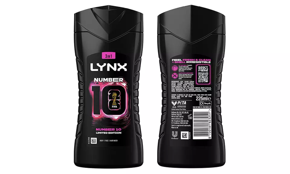 Six Packs of Lynx FIFA No10 3in1 Body Wash Shower Gel