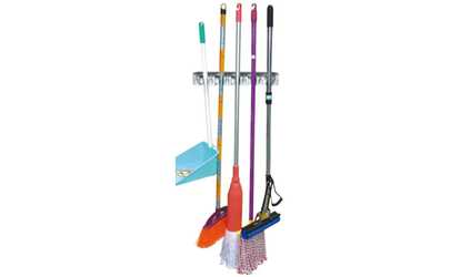 Home Basics Mop and Broom Wall-Mounted Rack Organizer
