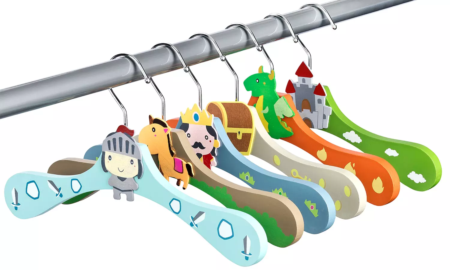 6, 12 oder 18 bunte Holz-Kleiderbügel mit Prinzessin- oder Ritter-Motiven für Kinder - Primary Image