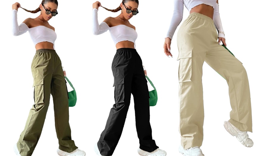 Image 1: Women's High-Waist Flap Pocket Cargo Trousers