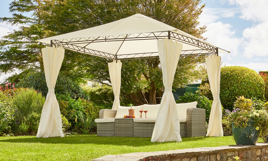 Image 1: Garden Gear 3m x 3m Metal Gazebo with Cream Roof and Curtains