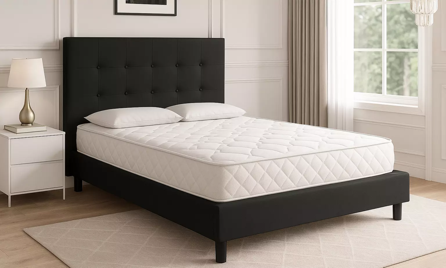 Lit fixe "Triomphe" en similicuir, matelas "Cosmos" en option