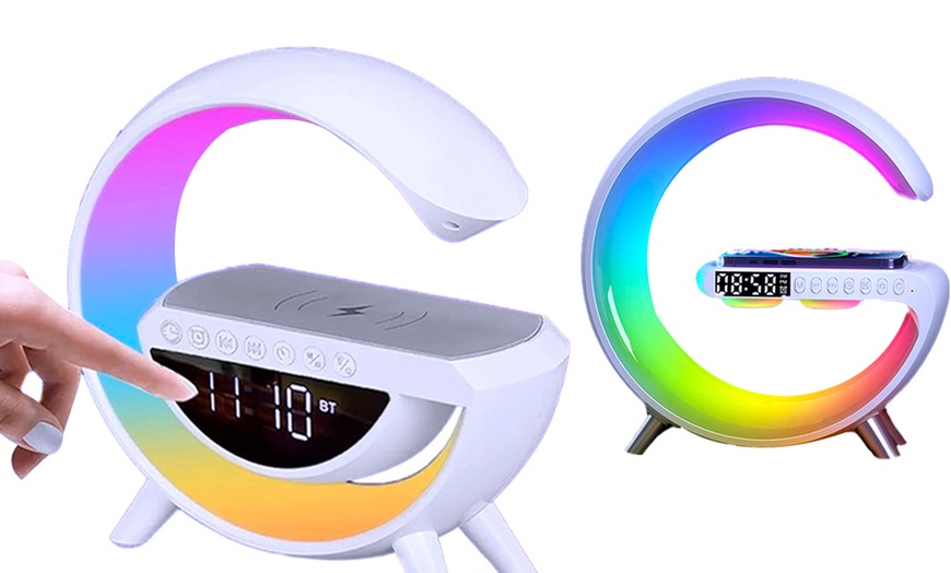 Image 1: 15W Wireless Charger Alarm Clock with Bluetooth Speaker