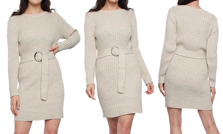 Image 8: Rib Knit Buckle Belt Jumper Dress