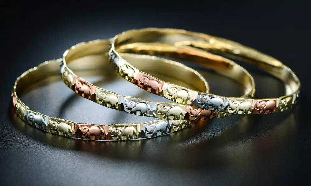 18K Tri-Gold Plated Safari Elephant Stackable Bangles - Primary Image