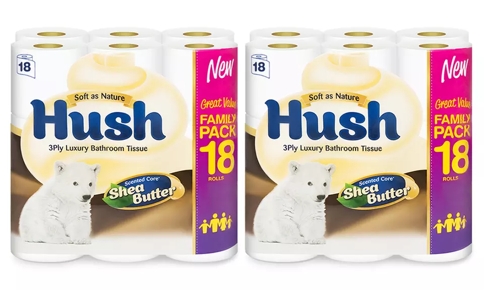 18, 36 or 72 Rolls of Hush Sheabutter Toilet Paper