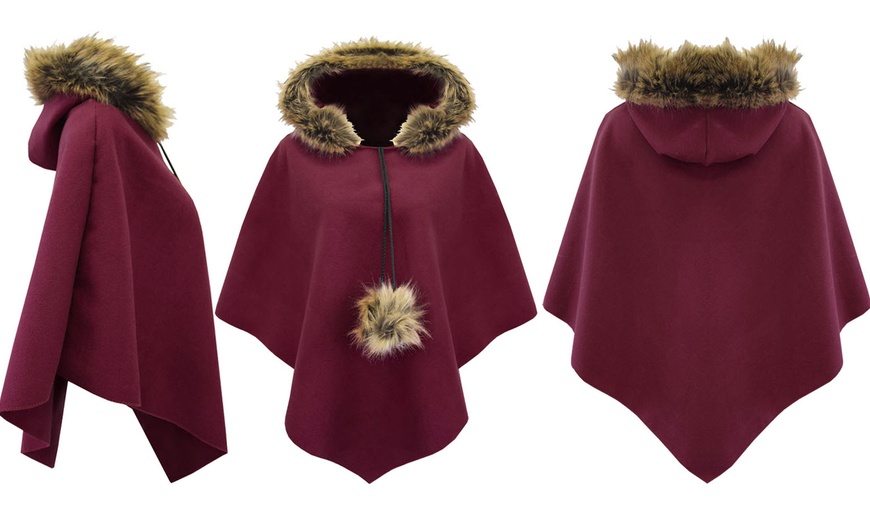 Image 4: Ladies Fur Trim Hooded Cape 