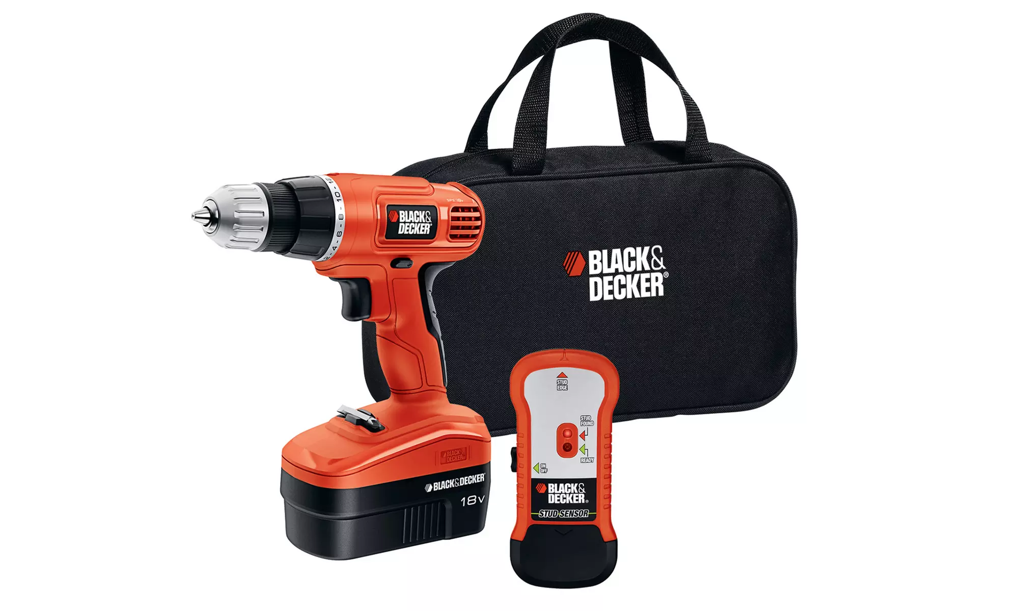 Black + Decker 18V Cordless Drill with Stud Sensor and Bag - Primary Image