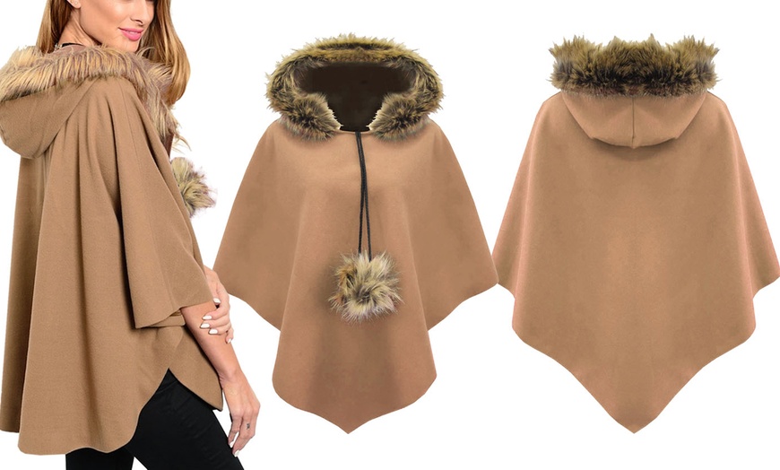 Image 2: Ladies Fur Trim Hooded Cape 