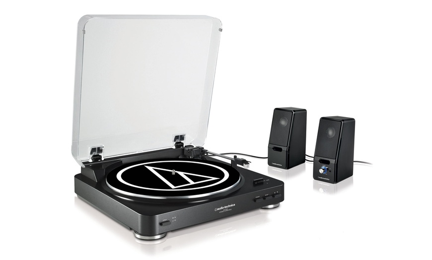 Image 1: Audio Technica Turntable & Speakers
