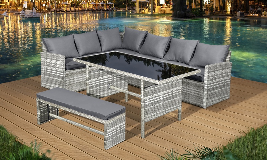 Image 1: 8-Seater Rattan-Effect Corner Dining Set with Bench