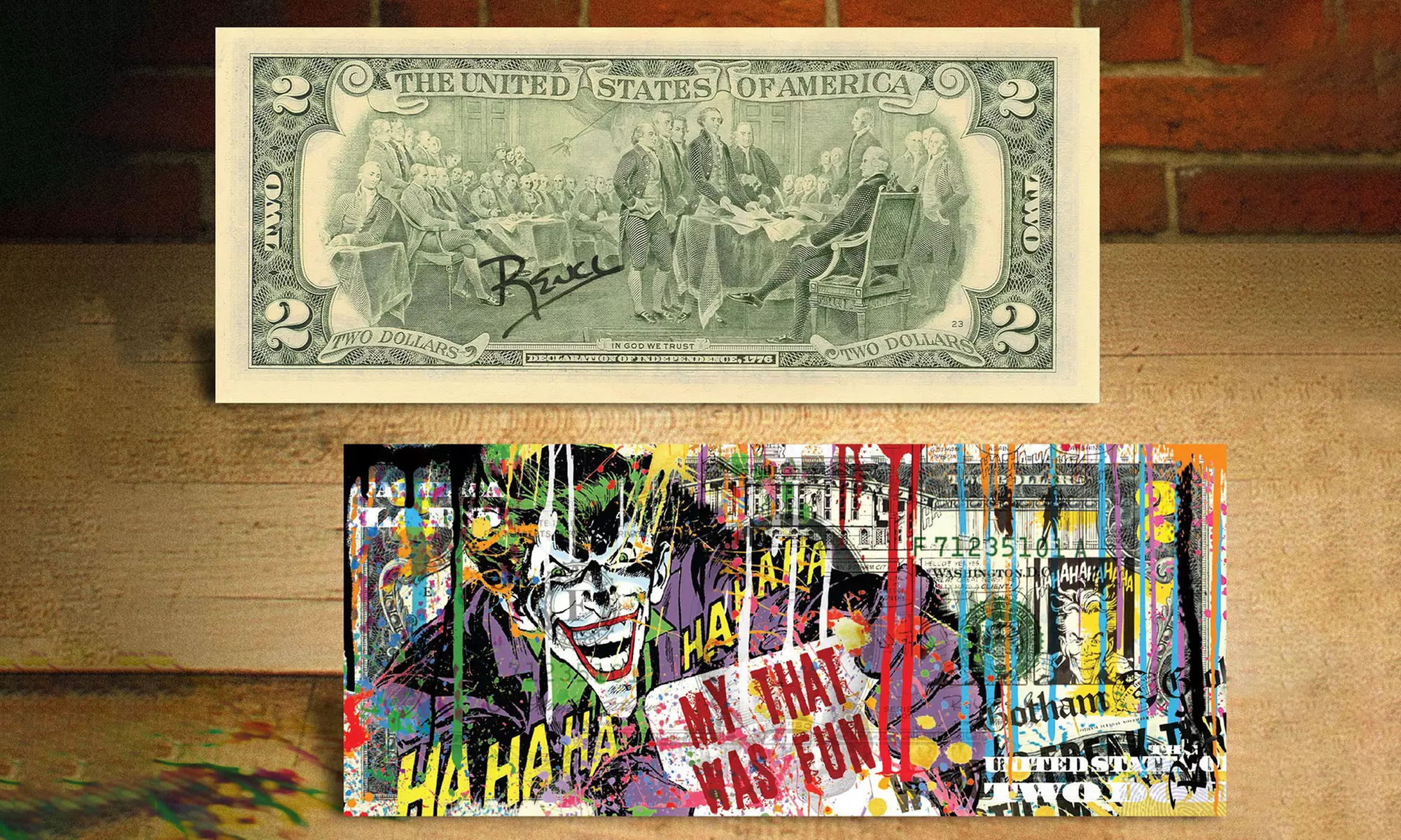 Joker My That Was Fun Pop Art Two-Dollar Bill Hand-Signed by Rency - Primary Image