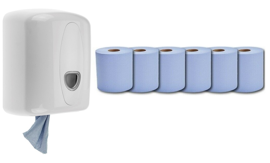 Image 2: One or Two Centrefeed Paper Dispensers with Blue Paper/Towel Rolls