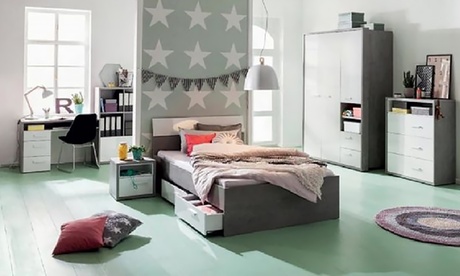 Letto Nikita in legno riciclato certificato, con cassetti e disponibile in 2 misure