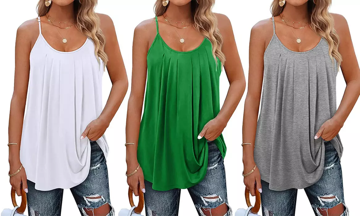 Women's Pleated Spaghetti Strap Tank Tops – Loose Fit, Casual Blouse in Green, Grey, Black, White & Blue - Primary Image